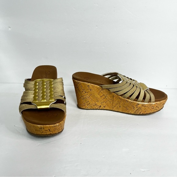skechers brit girl wonder slide strappy gold metallic luxe foam wedges - Picture 1 of 7